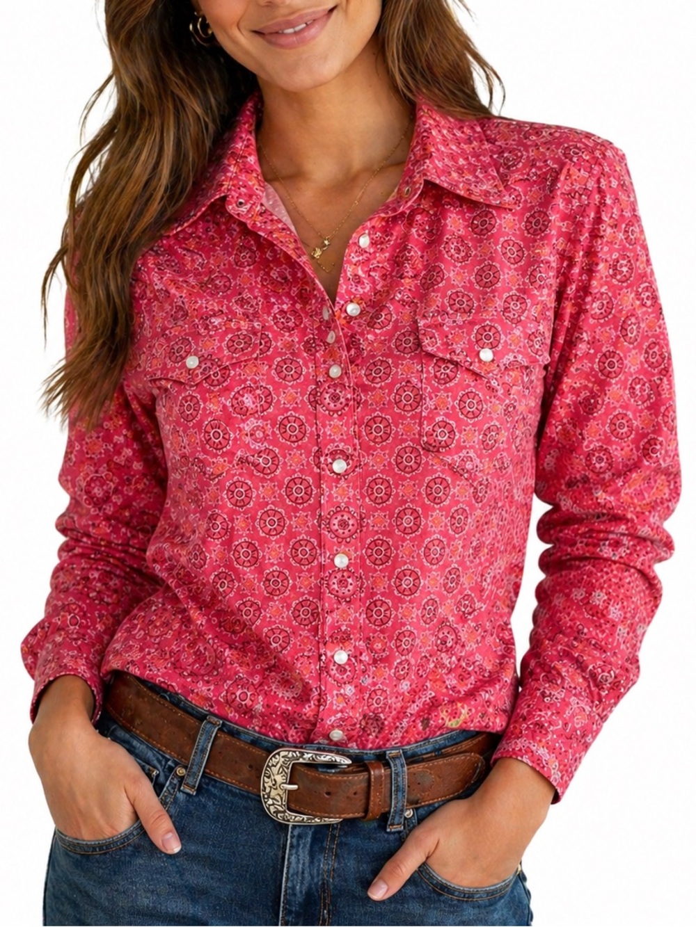 As Real As Wrangler Womens Pink Western Shirt Snap Button Paisley Print 3XL